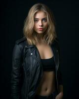 portrait of beautiful young woman in leather jacket on black background generative ai photo