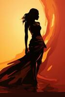 silhouette of a woman in a long dress standing in front of an orange sunset generative ai photo