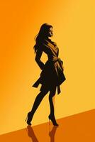 silueta de un mujer en un zanja Saco en un naranja antecedentes generativo ai foto