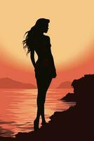 silhouette of a woman standing on the beach at sunset generative ai photo