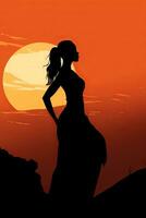 silueta de un mujer en pie en un colina a puesta de sol generativo ai foto