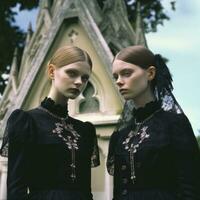 two young women in black dresses standing in front of a church generative ai photo