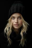 a beautiful blonde woman in a black hat and scarf generative ai photo