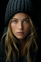 a beautiful blonde woman in a black beanie generative ai photo