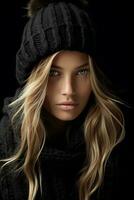 a beautiful blonde woman in a black hat and scarf generative ai photo