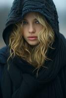 a beautiful blonde woman in a black hooded jacket generative ai photo