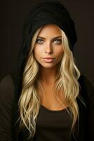 un hermosa rubia mujer en un negro capucha generativo ai foto