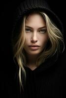 a beautiful blonde woman in a black hoodie generative ai photo