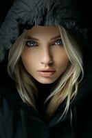 a beautiful blonde woman in a black hoodie generative ai photo