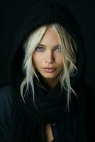 a beautiful blonde woman in a black hoodie generative ai photo