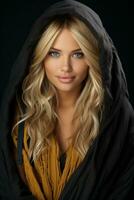 a beautiful blonde woman in a black hoodie generative ai photo