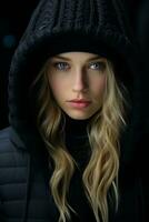 a beautiful blonde woman in a black hoodie generative ai photo