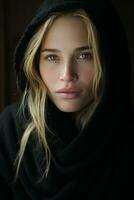 a beautiful blonde woman in a black hoodie generative ai photo