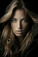 a beautiful blonde woman in a black jacket generative ai photo