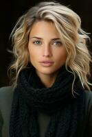 a beautiful blonde woman in a black sweater and scarf generative ai photo