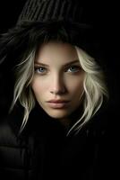 a beautiful blonde woman in a hooded jacket generative ai photo