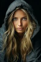 a beautiful blonde woman in a hooded jacket generative ai photo