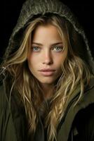 a beautiful blonde woman in a hooded jacket generative ai photo