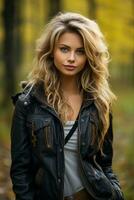 a beautiful blonde woman in a leather jacket standing in the woods generative ai photo