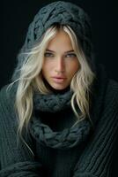 a beautiful blonde woman in a sweater and scarf generative ai photo