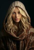 a beautiful blonde woman in a sweater and scarf generative ai photo