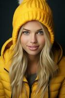 un hermosa rubia mujer en un amarillo chaqueta y pom pom sombrero generativo ai foto