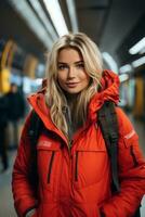 a beautiful blonde woman in an orange jacket standing in a subway photo