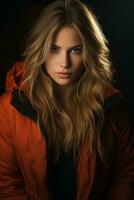 a beautiful blonde woman in an orange jacket generative ai photo