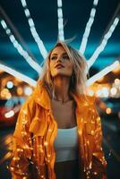 un hermosa rubia mujer en un naranja chaqueta en pie en frente de tráfico luces generativo ai foto