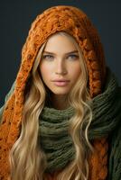 a beautiful blonde woman wearing an orange and green knitted scarf generative ai photo