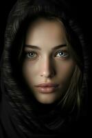 a beautiful woman in a black scarf generative ai photo