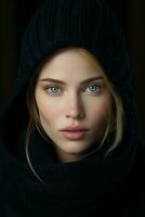 a beautiful woman in a black sweater and scarf generative ai photo