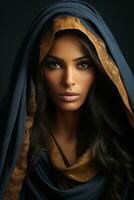 a beautiful woman in a blue shawl generative ai photo