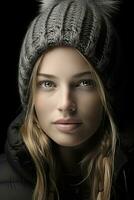 a beautiful woman in a winter hat and jacket generative ai photo