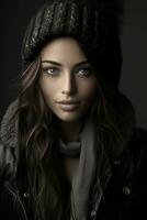 a beautiful woman in a winter hat and scarf generative ai photo