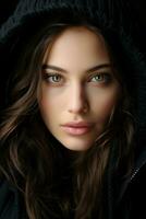 a beautiful woman with green eyes in a hoodie generative ai photo
