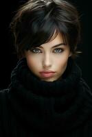 a beautiful young woman in a black sweater and scarf generative ai photo