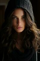 a beautiful young woman in a black sweater and hat generative ai photo