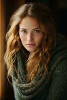 a beautiful young woman in a green sweater generative ai photo