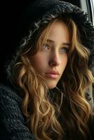 a beautiful young woman in a hoodie looking out the window generative ai photo
