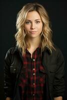 a beautiful young woman in a plaid shirt and jacket generative ai photo