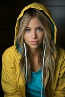 a beautiful young woman in a yellow rain jacket generative ai photo