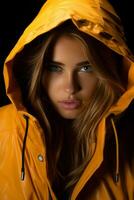 un hermosa joven mujer en un amarillo impermeable generativo ai foto