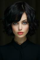 a beautiful young woman with black hair and blue eyes generative ai photo