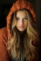 a beautiful young woman in an orange sweater generative ai photo