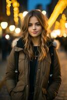 un hermosa joven mujer en pie en el medio de un ciudad calle a noche foto