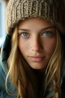 a beautiful young woman with blue eyes wearing a hat generative ai photo