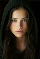 a beautiful young woman with green eyes in a hoodie generative ai photo