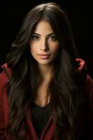 a beautiful young woman with long dark hair and a red jacket generative ai photo