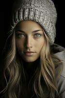 a beautiful young woman with long hair and a beanie photo